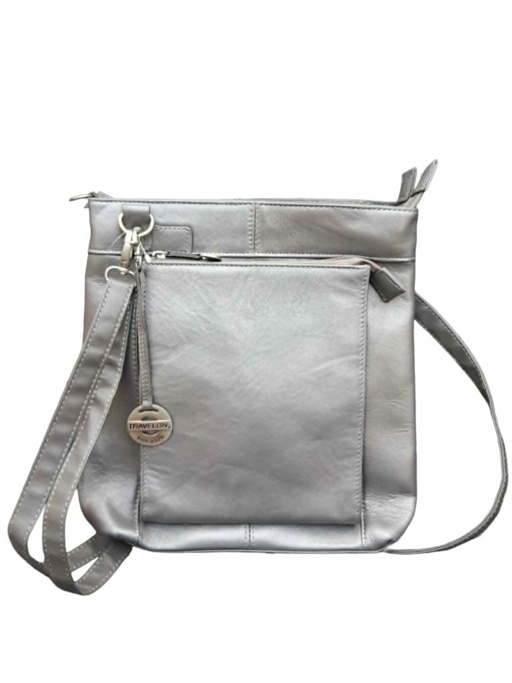 Travelon Metallic Silver Crossbody with Front Zip Pocket NWOT